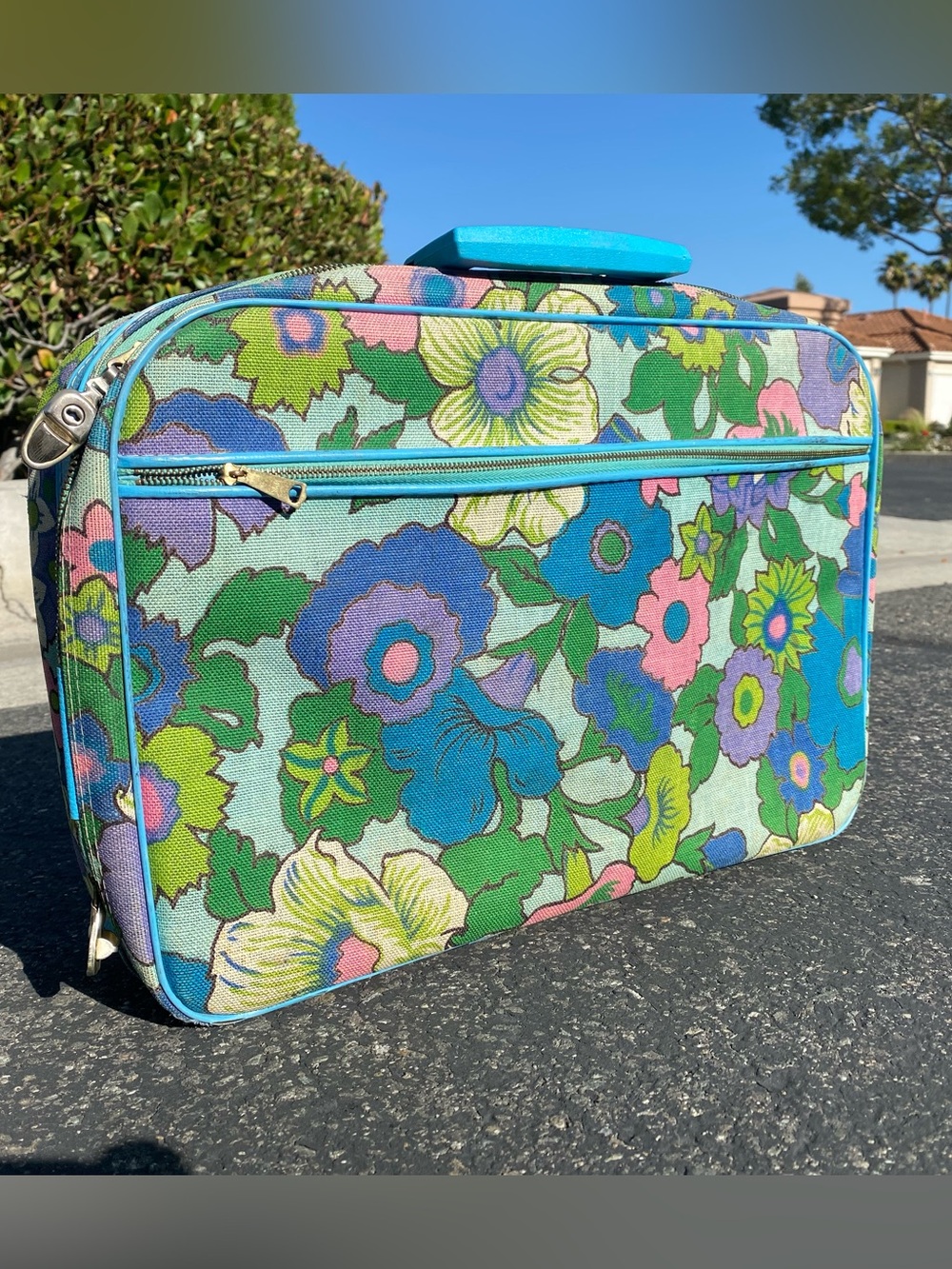 Vintage 70s Flower Power Blue Suitcase made in Japan